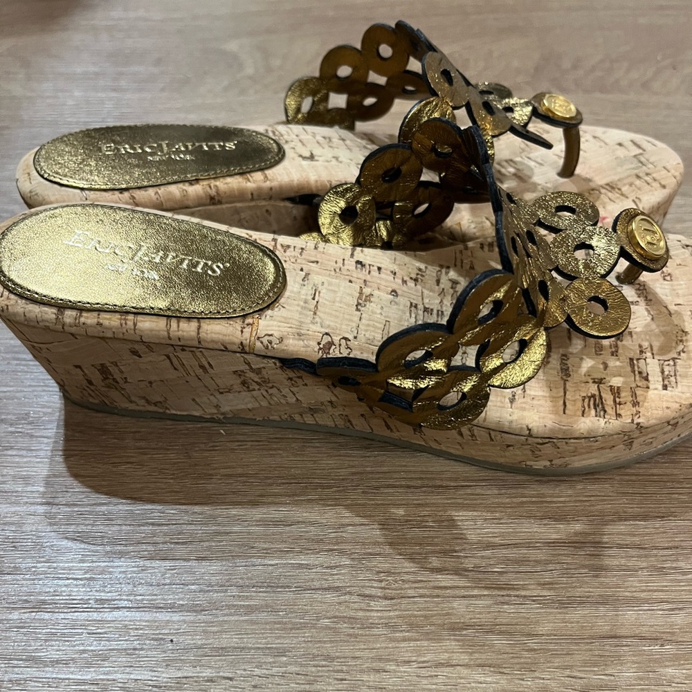 Eric Javits Gold and Tan Wedge Sandals - Picture 3 of 4